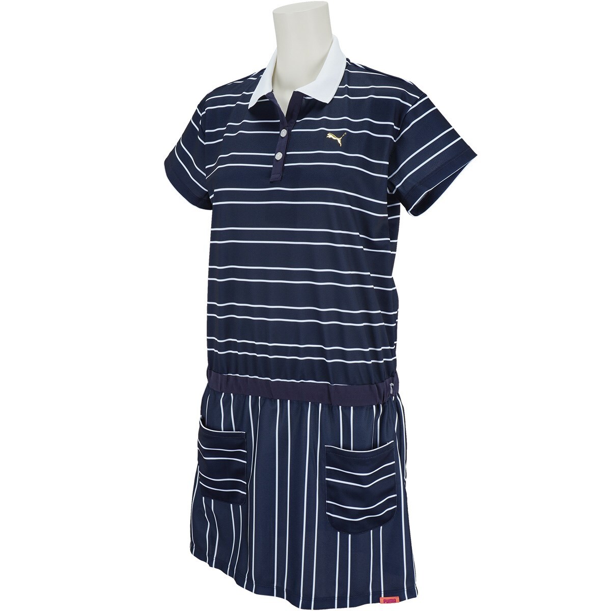 プーマ ゴルフウェア ワンピース ポロシャツ 半袖 刺繍ロゴ 黒 ボーダー M